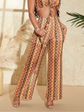 SHEIN Brown Orange Yellow Patterned Women's Pants